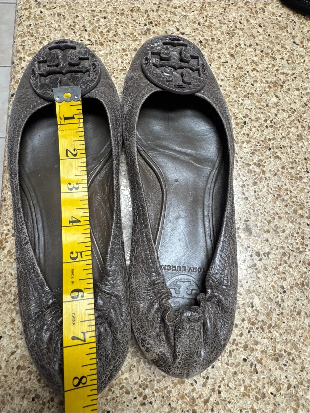 Tory Burch Distressed Brown Leather Logo Ballet Flats